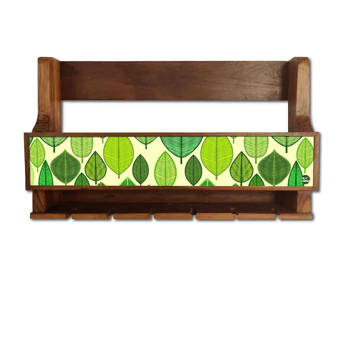 Nutcase Designer Wooden Wine Rack Gloss Holder, Teak Wood Wall Mounted Wine
 Cabinet , 5 bottle Hangers for 6 Wine Glasses -  Leaves Everywhere - Image 2