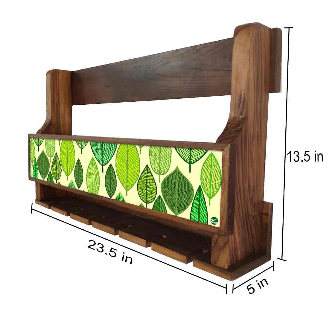 Nutcase Designer Wooden Wine Rack Gloss Holder, Teak Wood Wall Mounted Wine
 Cabinet , 5 bottle Hangers for 6 Wine Glasses -  Leaves Everywhere - Image 4