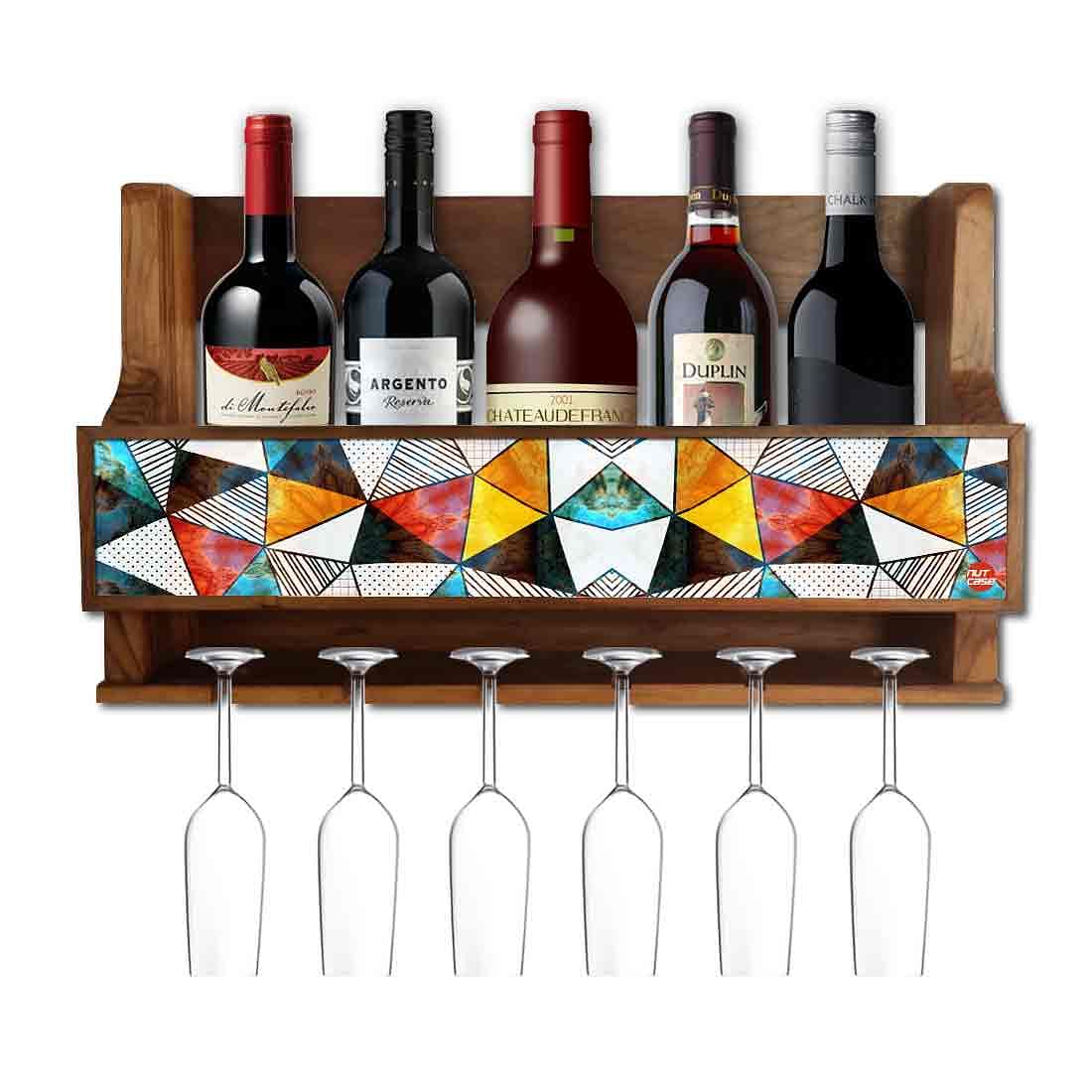 Nutcase Designer Wooden Wine Rack Gloss Holder, Teak Wood Wall Mounted Wine
 Cabinet , 5 bottle Hangers for 6 Wine Glasses -  Colorful Diamonds