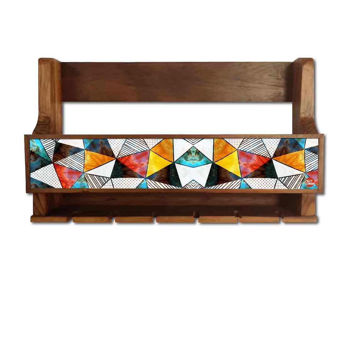 Nutcase Designer Wooden Wine Rack Gloss Holder, Teak Wood Wall Mounted Wine
 Cabinet , 5 bottle Hangers for 6 Wine Glasses -  Colorful Diamonds - Image 2