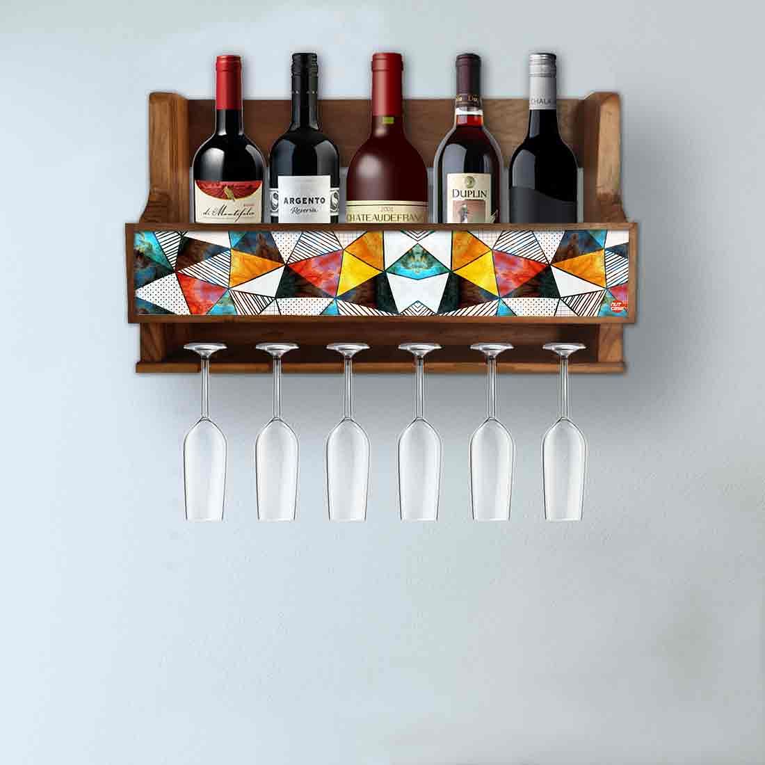 Nutcase Designer Wooden Wine Rack Gloss Holder, Teak Wood Wall Mounted Wine
 Cabinet , 5 bottle Hangers for 6 Wine Glasses -  Colorful Diamonds - Image 3