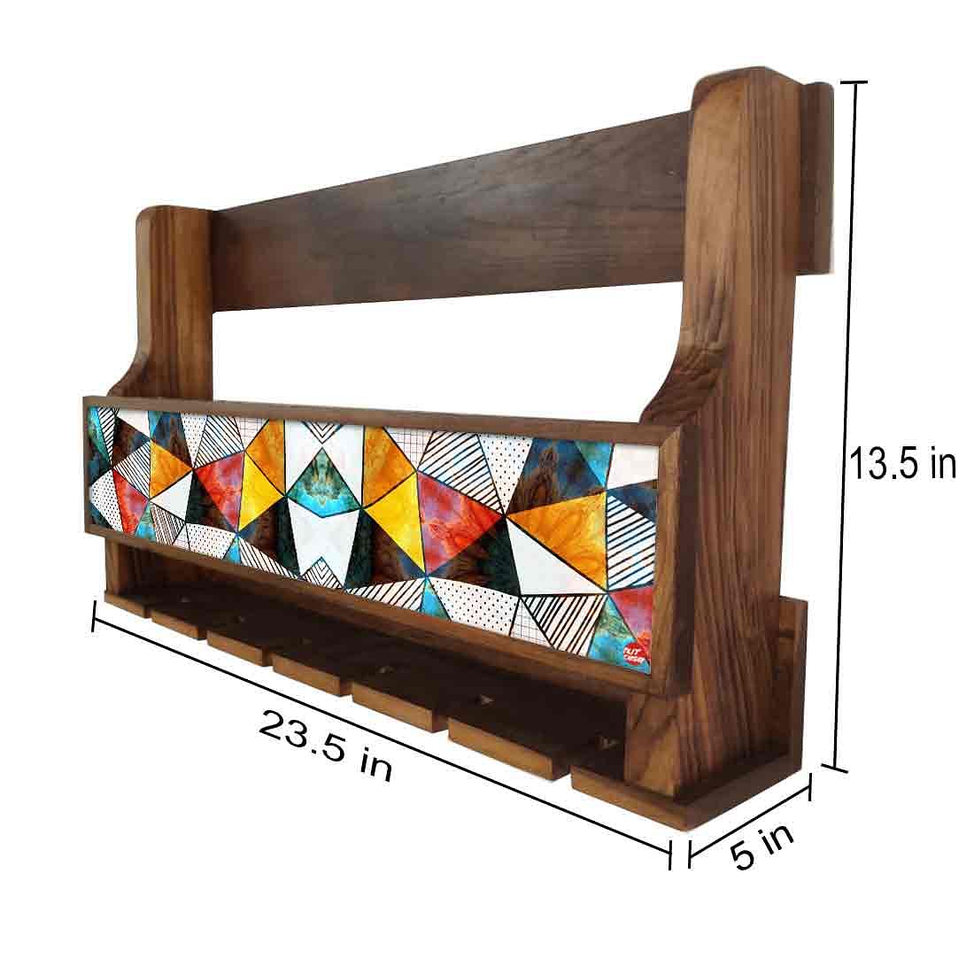 Nutcase Designer Wooden Wine Rack Gloss Holder, Teak Wood Wall Mounted Wine
 Cabinet , 5 bottle Hangers for 6 Wine Glasses -  Colorful Diamonds - Image 4