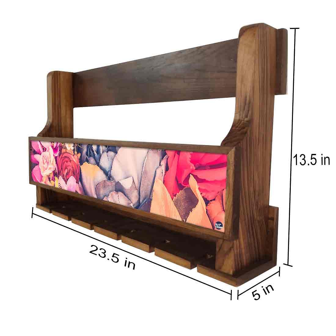 Nutcase Designer Wooden Wine Rack Gloss Holder, Teak Wood Wall Mounted Wine
 Cabinet , 5 bottle Hangers for 6 Wine Glasses -  Watercolor Flower - Image 4