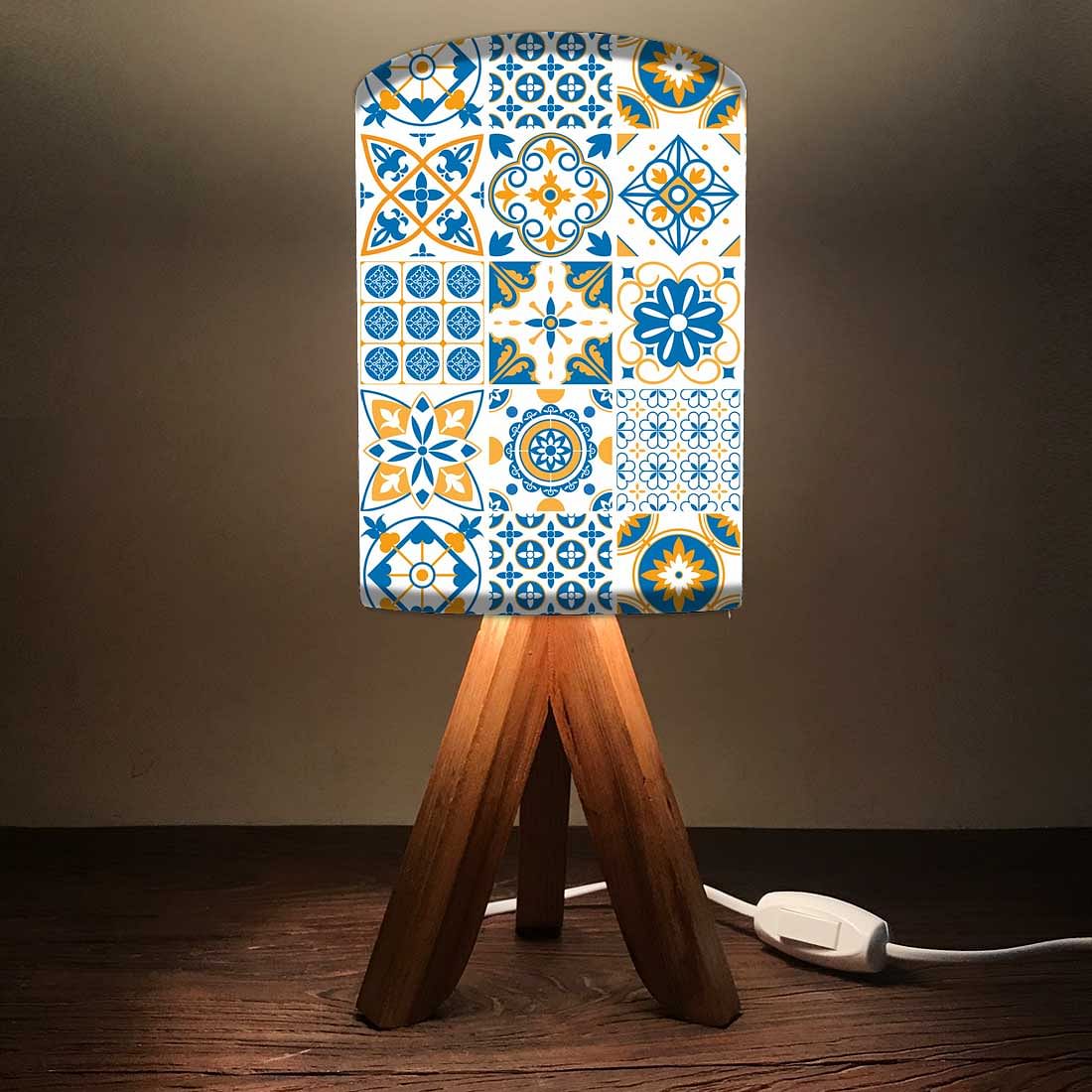Table Wood Lamp For Bedroom-Spanish Tiles Floral (3W LED Bulb Included)