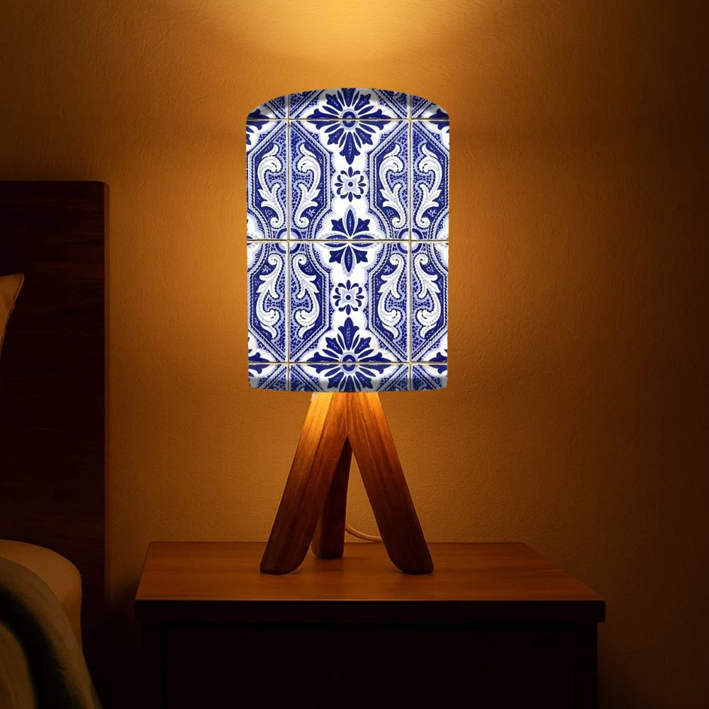 Wooden Tripod Table Lamp For Bedroom-Vertical Blue Flower Tiles (3W LED Bulb Included)