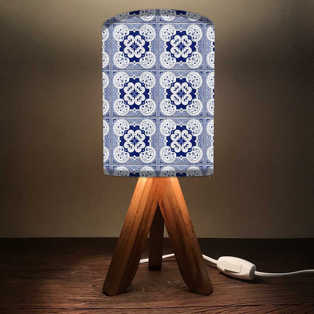 Wooden Tripod Table Lamp base For Bedroom-Square Blue Flower Tiles (3W LED Bulb Included) - Image 2
