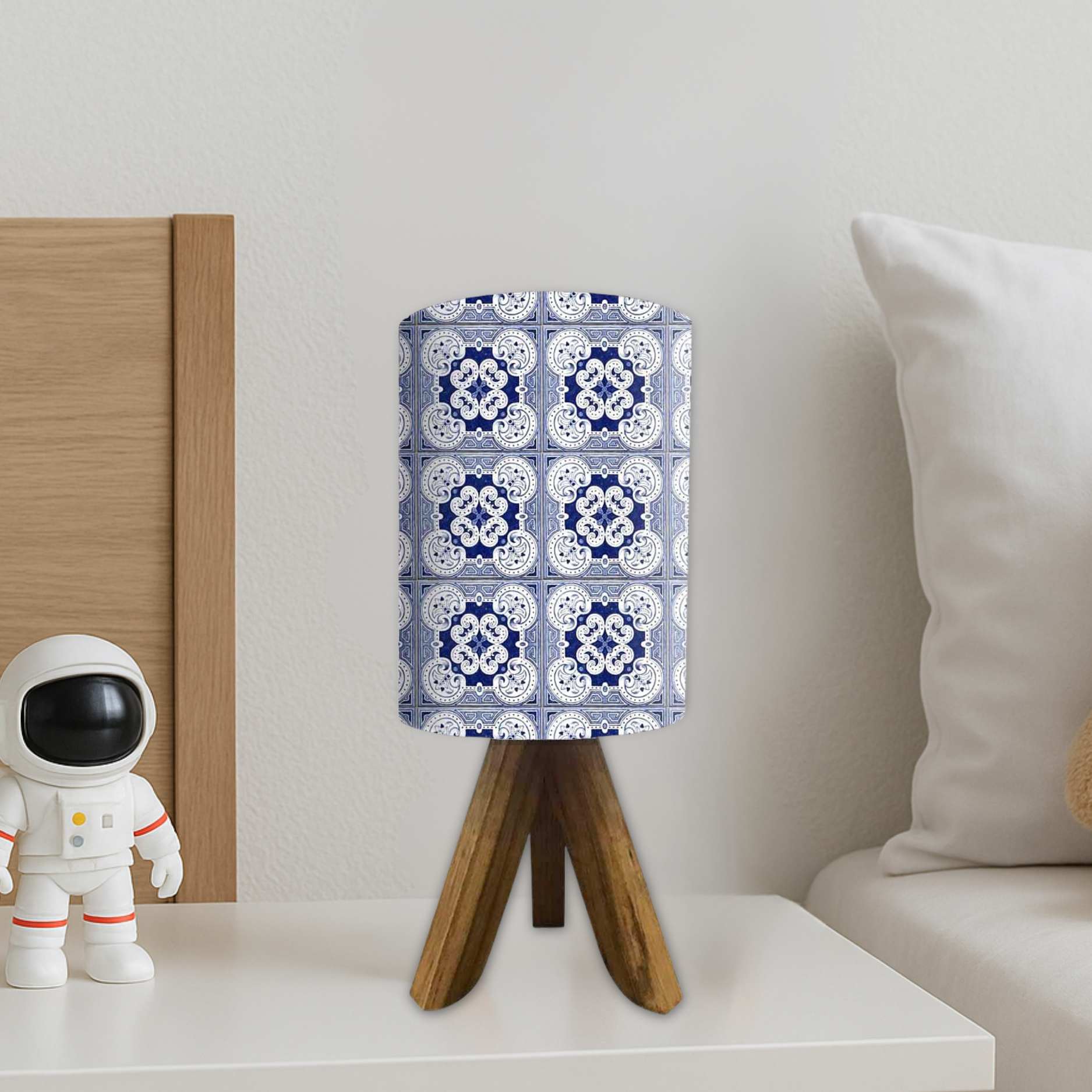 Wooden Tripod Table Lamp base For Bedroom-Square Blue Flower Tiles (3W LED Bulb Included) - Image 3