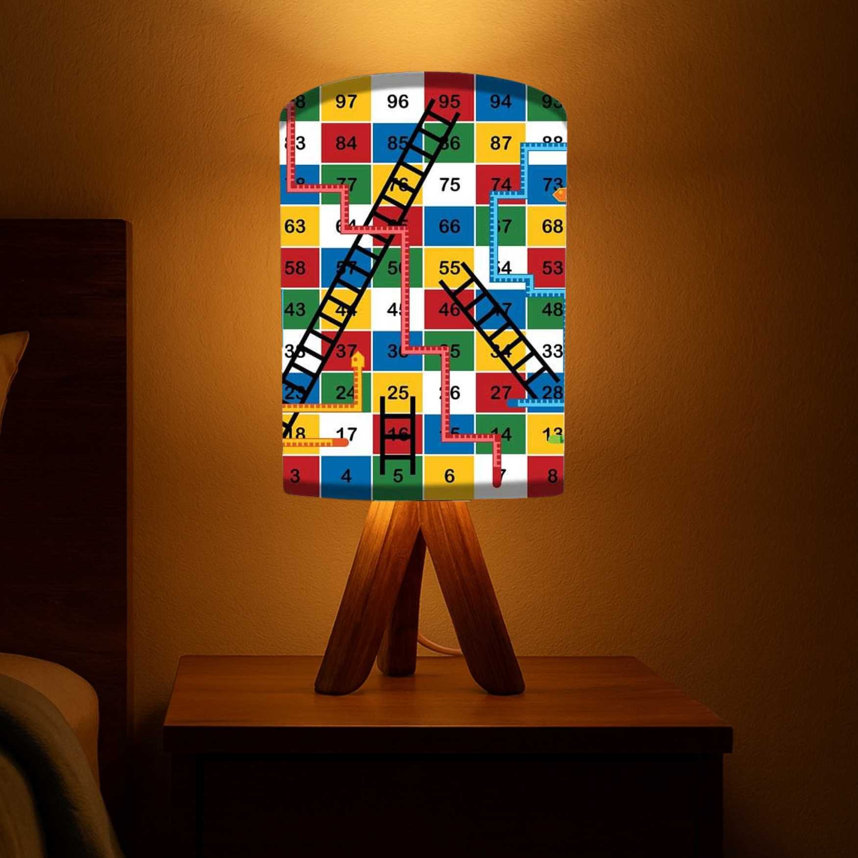 Sheesham Wood Lamp Table For Bedroom-Multicolor Snake & Ladder (3W LED Bulb Included)