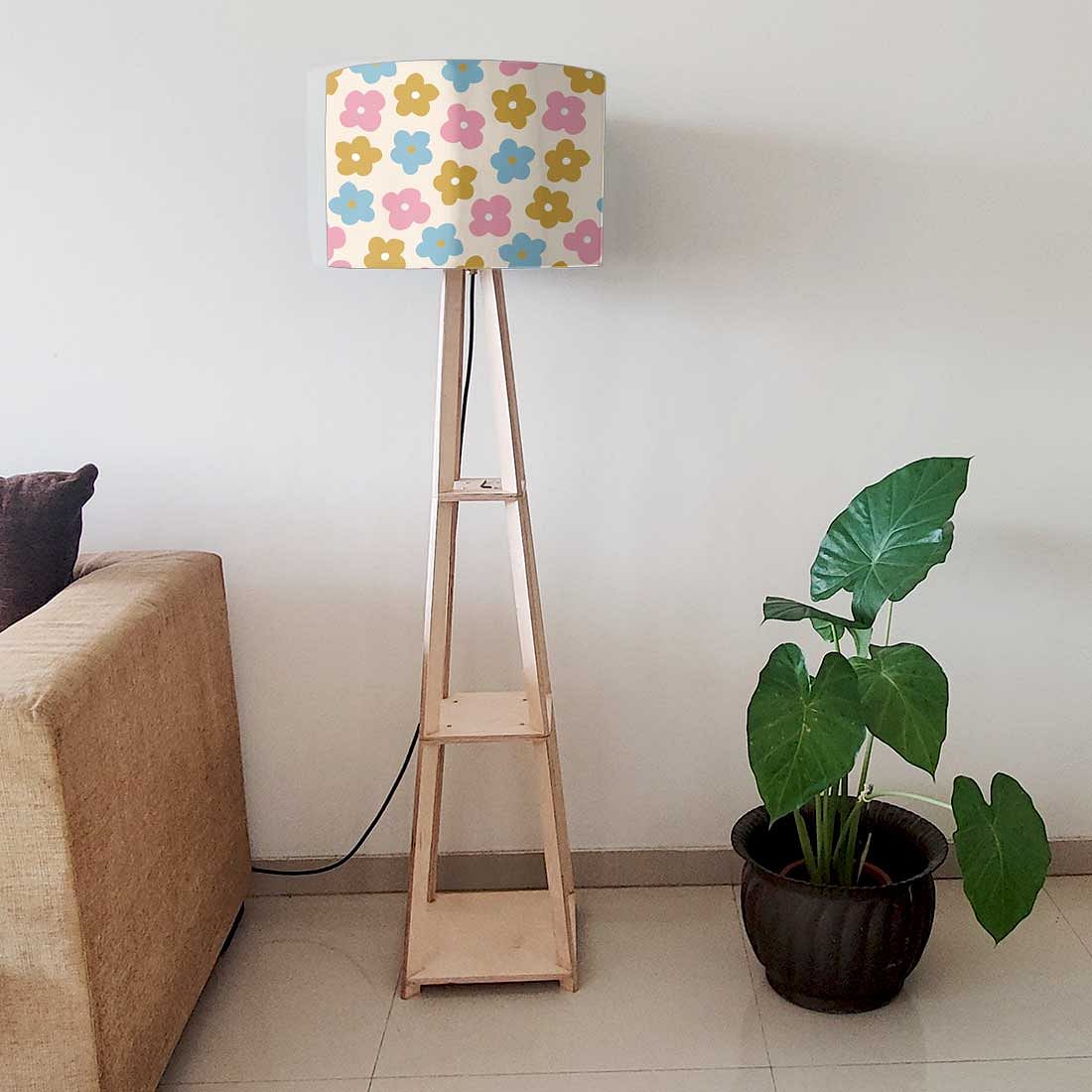 Wooden Tripod Floor Lamp for Kids Room - Pastel Flowers