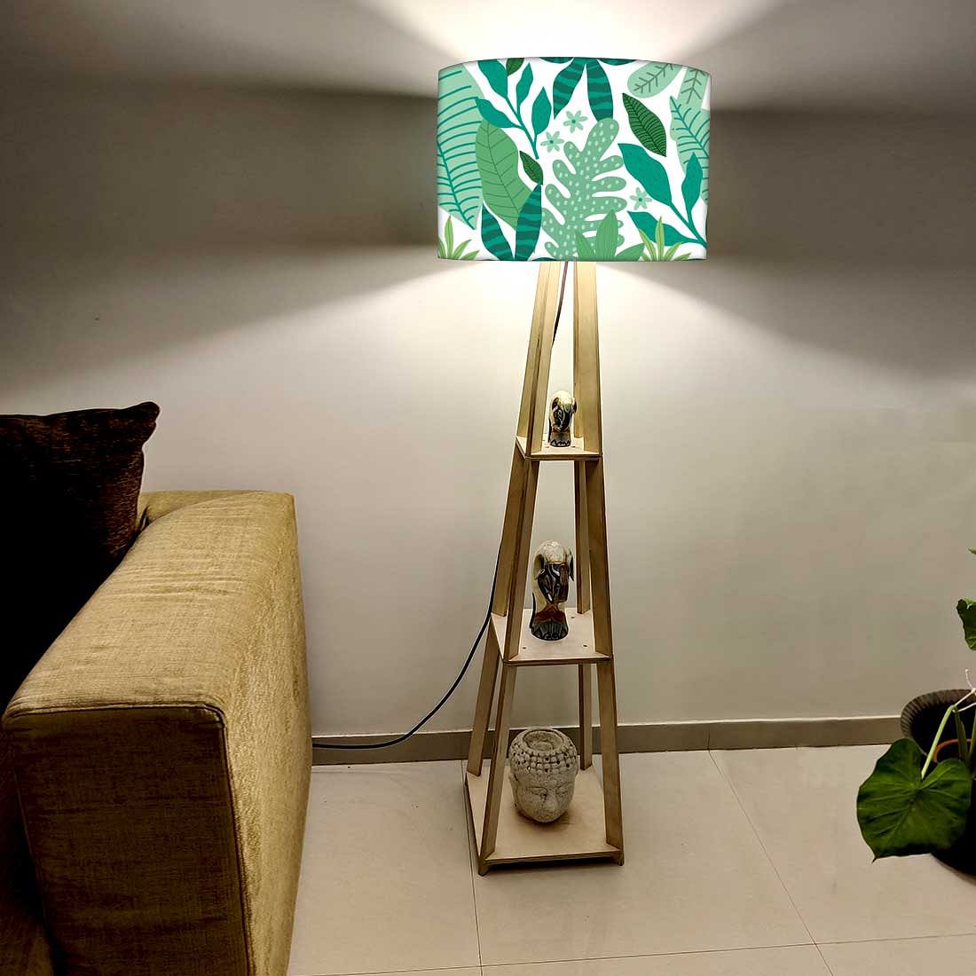 Tripod Floor Wooden Night Lamp with Shelf - Tropical - Image 2