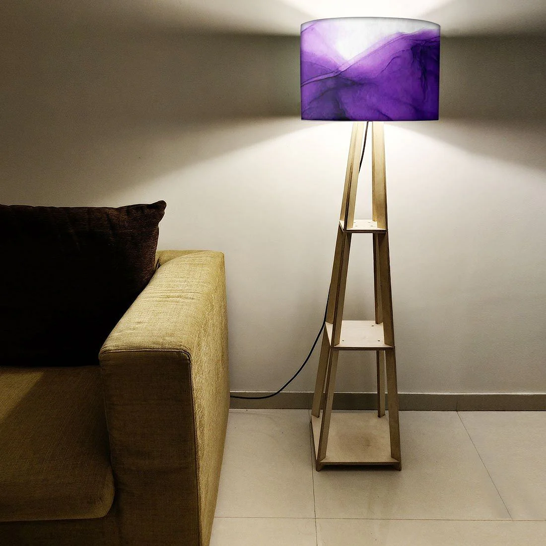 Wooden Tripod Floor Lamp - Pink Golden Ink Watercolor - Image 5