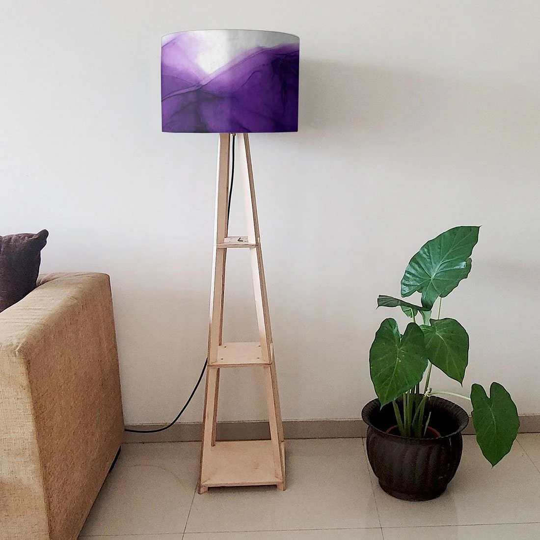 Wooden Tripod Floor Lamp - Pink Golden Ink Watercolor - Image 6