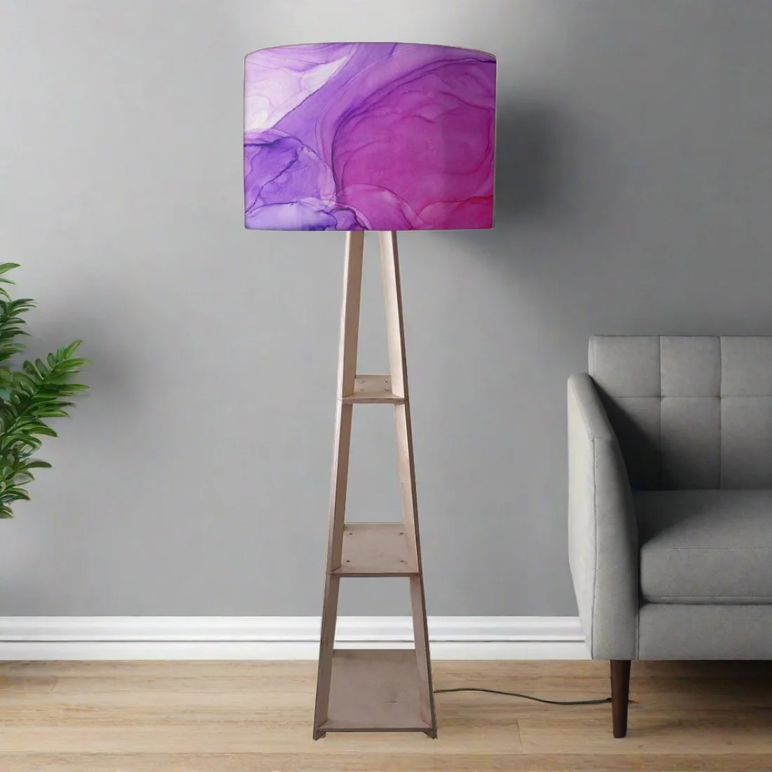 Wooden Corner Lamps with Shelves - Dark Pink Purple Ink Watercolor