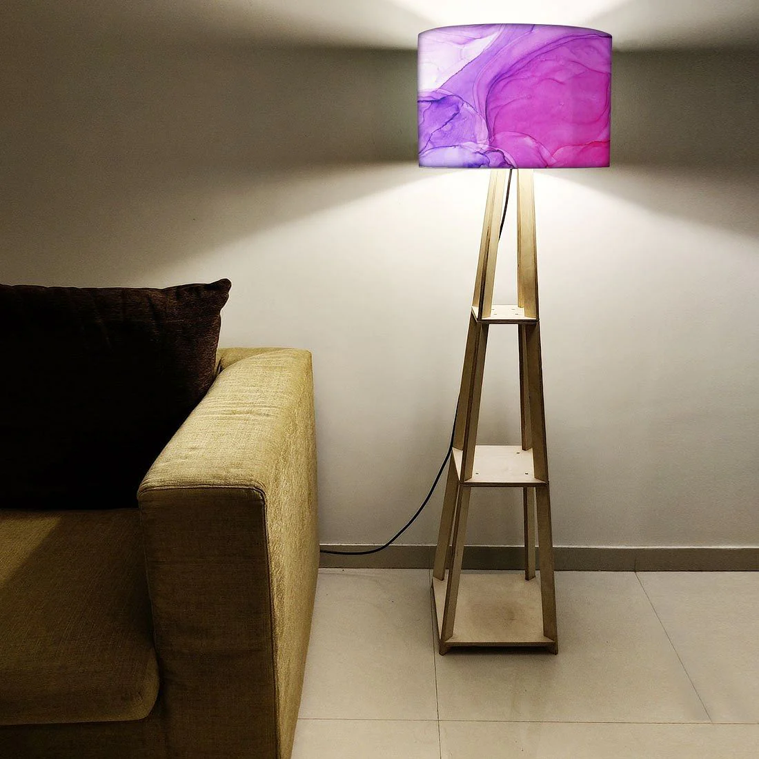 Wooden Corner Lamps with Shelves - Dark Pink Purple Ink Watercolor - Image 3