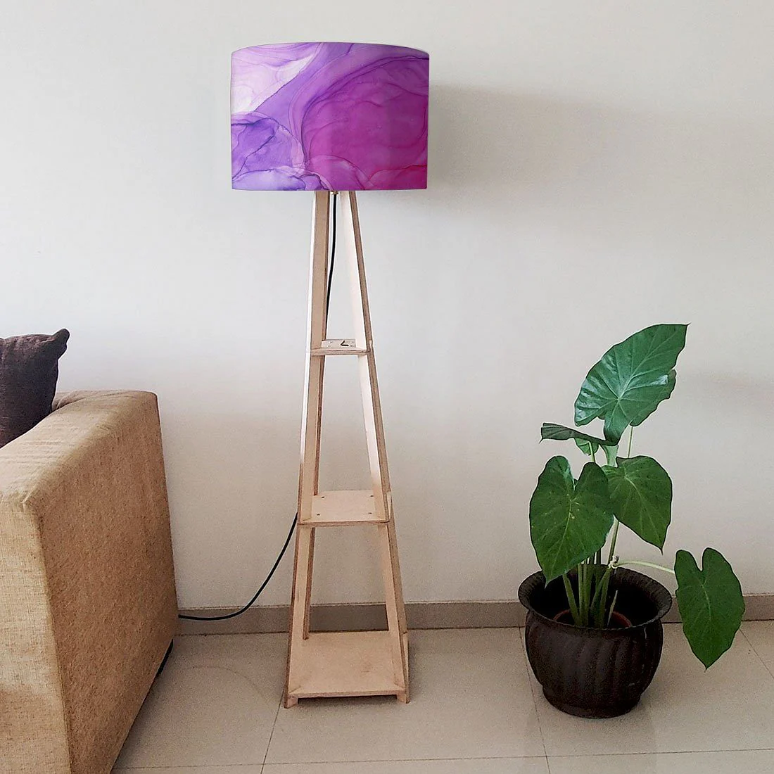 Wooden Corner Lamps with Shelves - Dark Pink Purple Ink Watercolor - Image 6