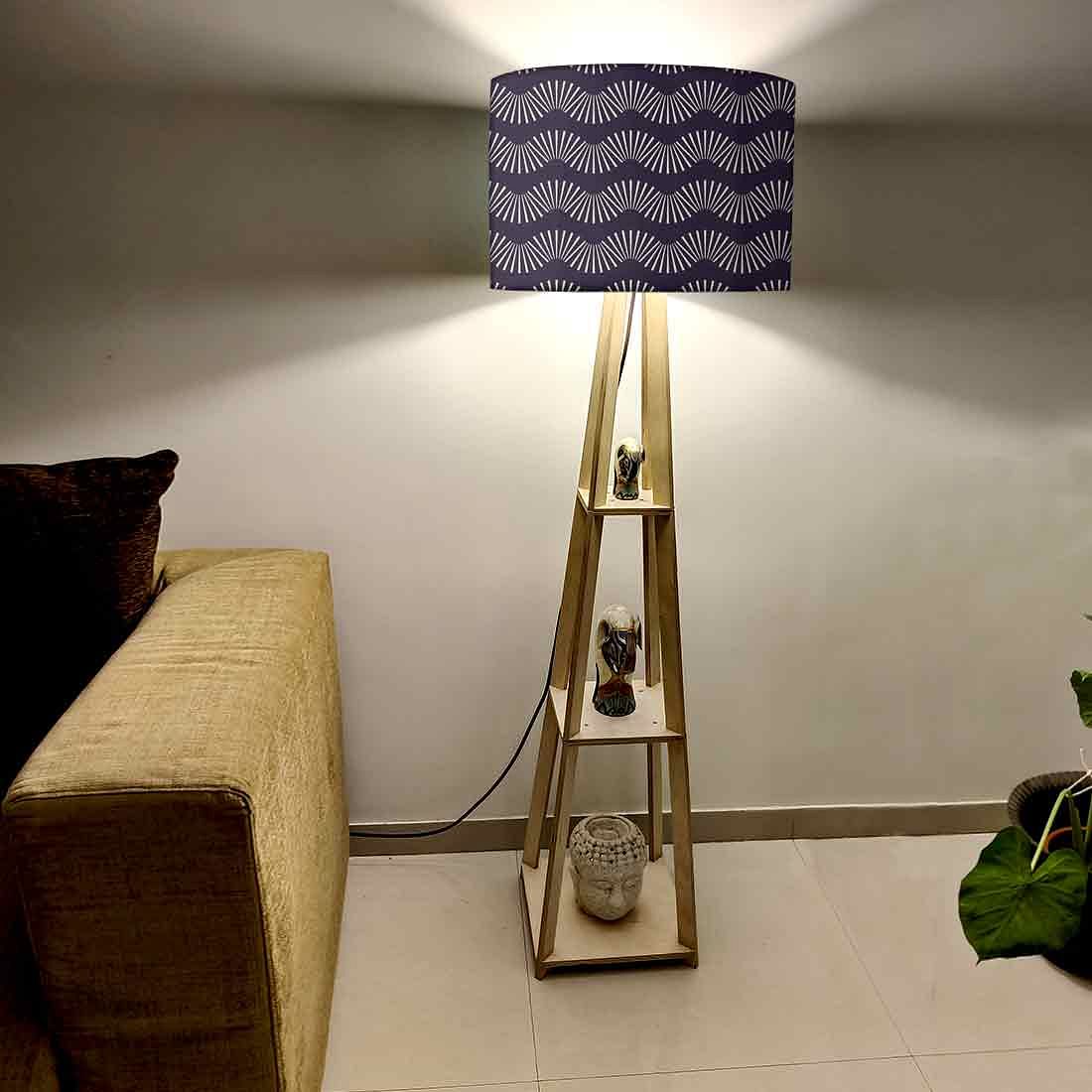 Wooden Floor Lamp with Shelf for Bedroom - Retro Pattern