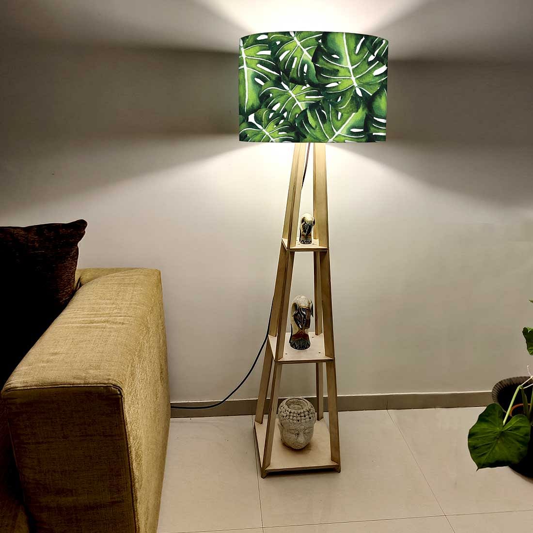 Tall Wooden Standing Lamps with Shelf - Monestera Jungle - Image 2