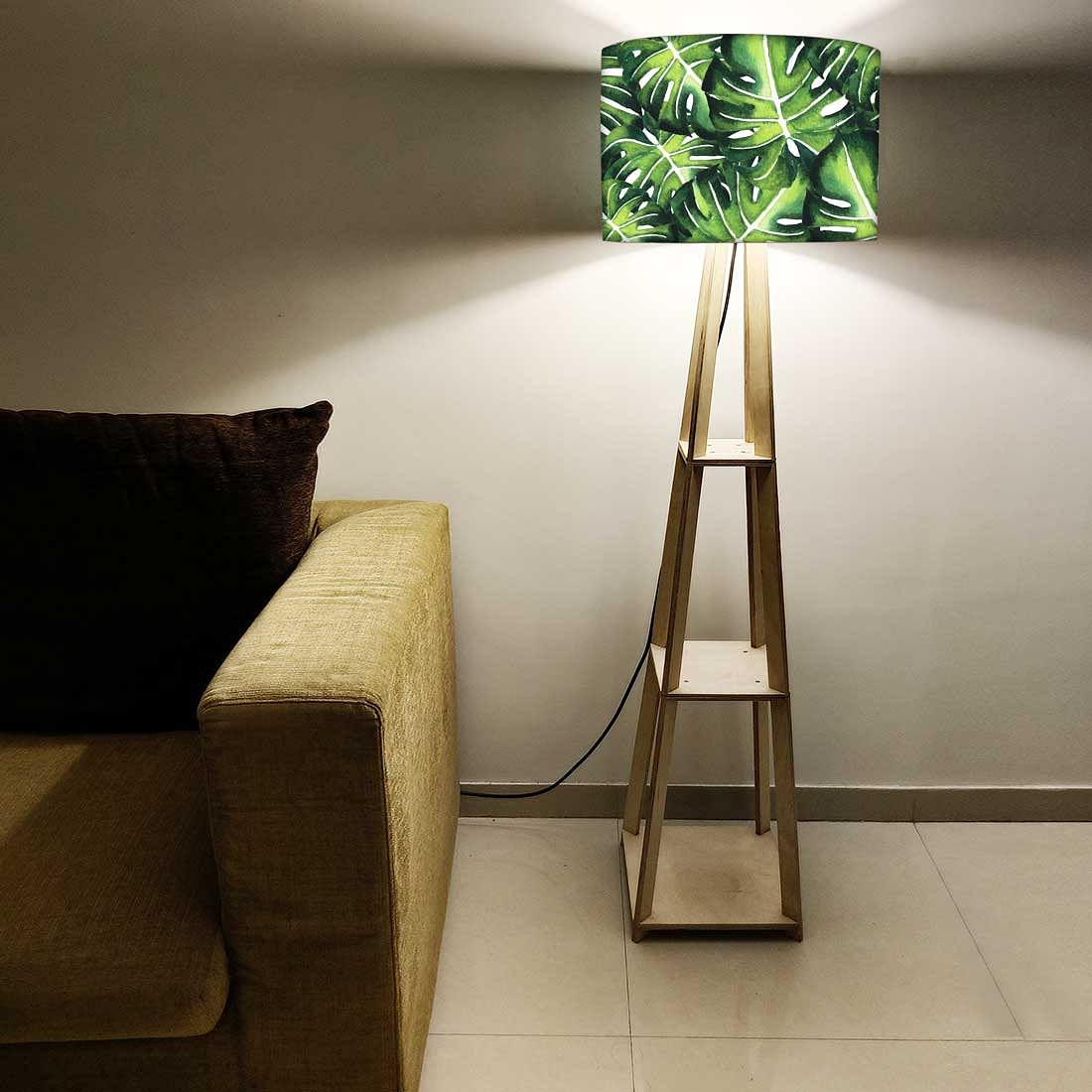 Tall Wooden Standing Lamps with Shelf - Monestera Jungle - Image 5