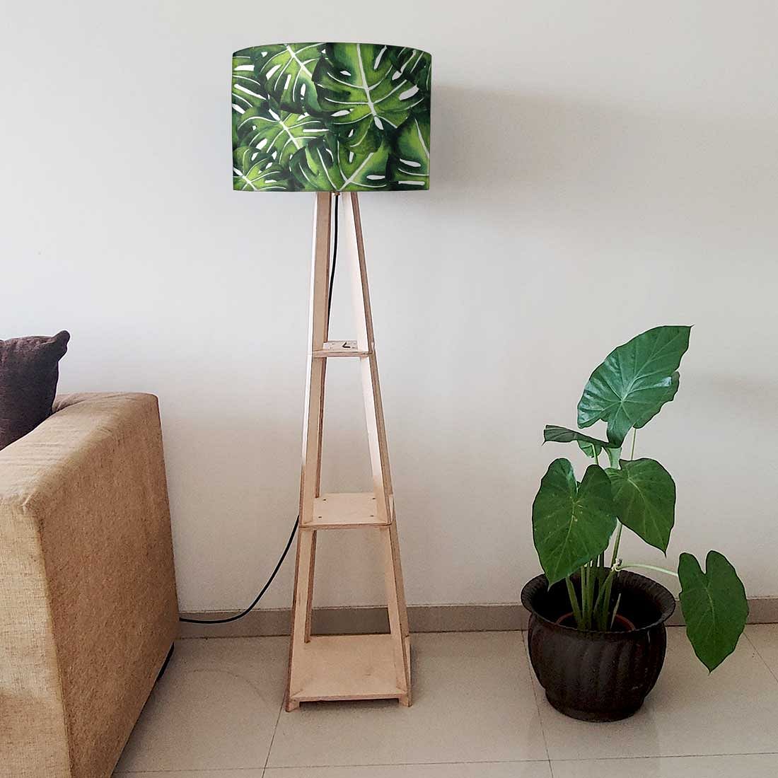 Tall Wooden Standing Lamps with Shelf - Monestera Jungle - Image 6