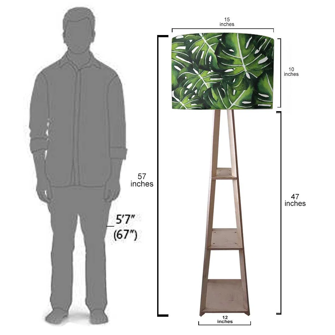 Tall Wooden Standing Lamps with Shelf - Monestera Jungle - Image 7