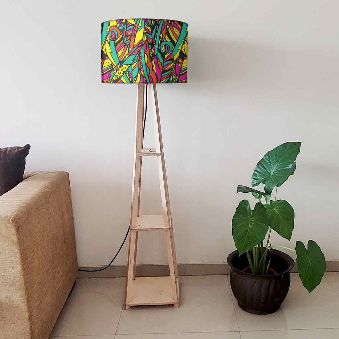 Wooden Floor Standing Tripod Lamp - Feathers
