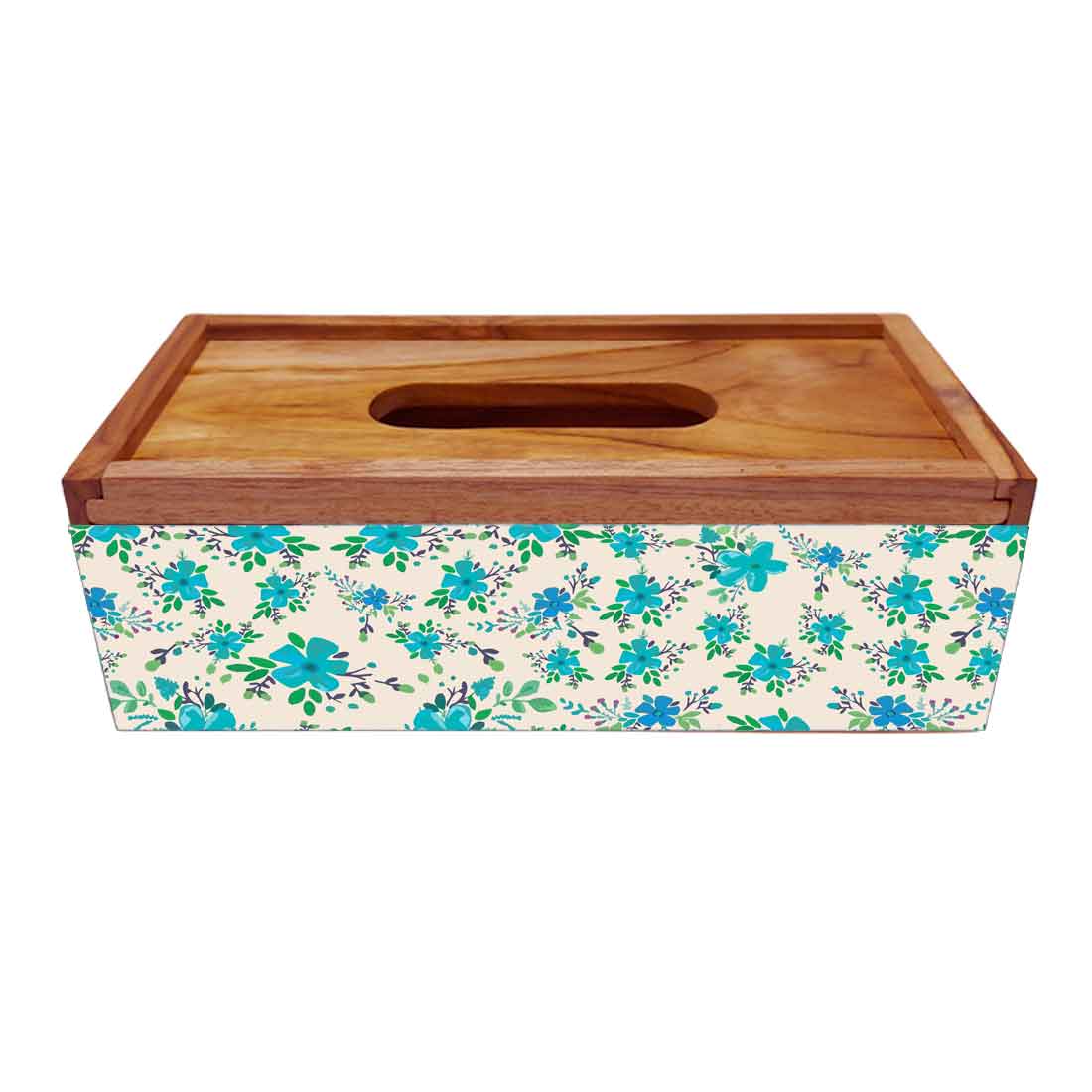 Wooden Tissue Box Holder for Office Home Car Use - Blue Flowers - Image 4